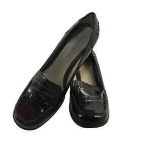 BANDOLINO DARK BROWN LEATHER CROC EMBOSSED CHUNKY HEEL LOAFERS WOMENS 8.5